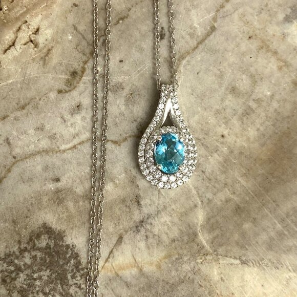 Sterling Silver 925 P☆M Oval Blue Topaz White Topaz Double Halo Pendant Necklace - Picture 16 of 16